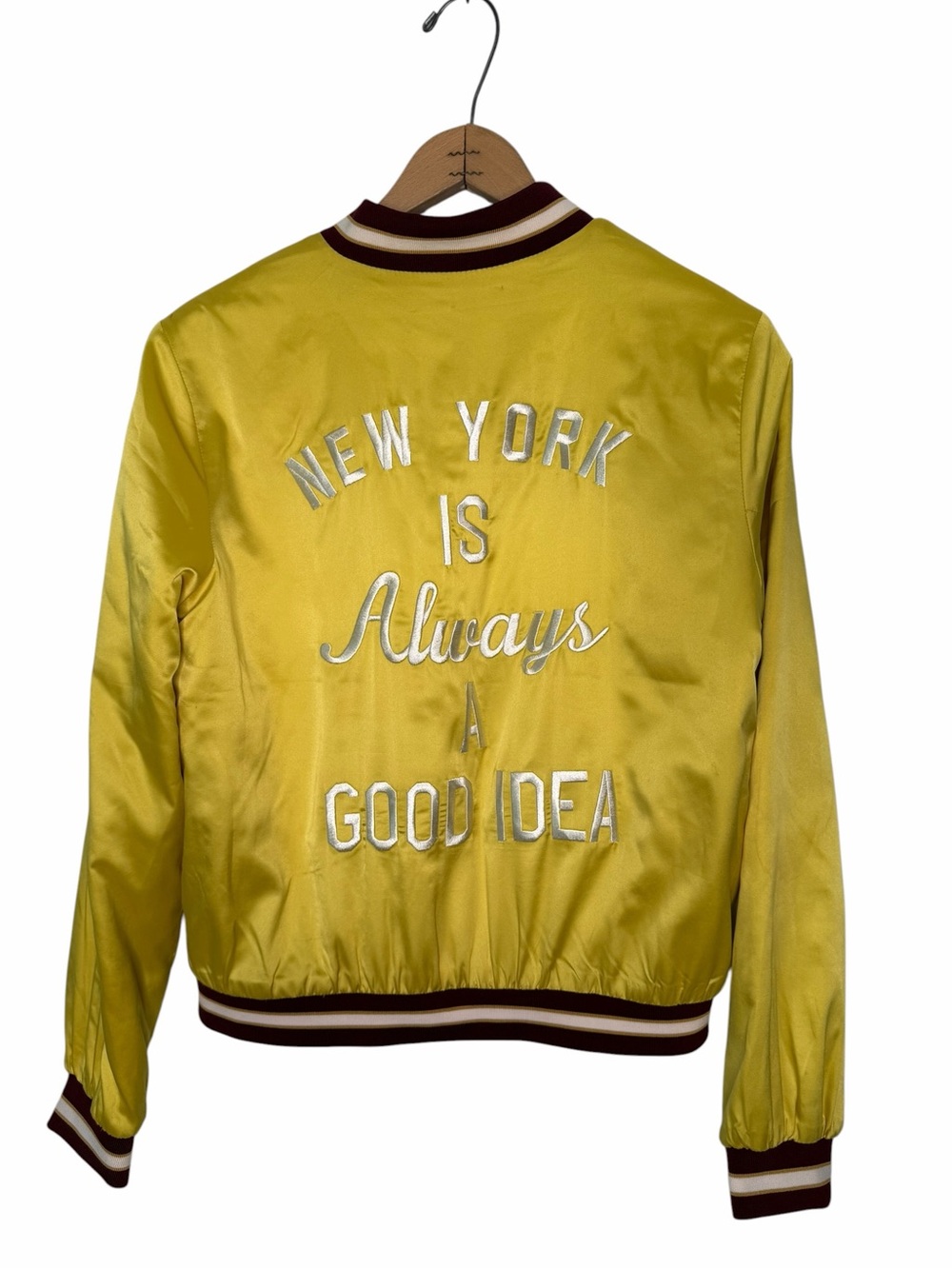 Forever 21 Yellow Satin Embroidered Bomber Jacket Size Medium - Picture 3 of 11